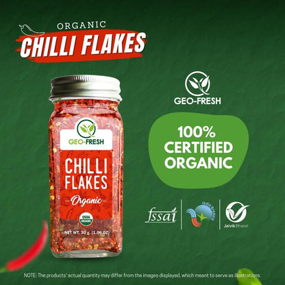 Geo Fresh Organic Chilli Flakes, 30g | Seasoning| For Pizza, Pasta, Garlic Bread, Italian cusines| No Artifical Colour & Preservatives| 100% Organic, Non-GMO, USDA Certified, Jaivik Bharat Certified