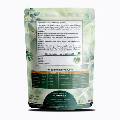 Ayurtatvam Natural Moringa Leaf Powder 100g- Supercharge Your Health with Nature's Green Miracle" - Helps in Weight Control | Anti-Oxidant, Immunity Boost & Energy