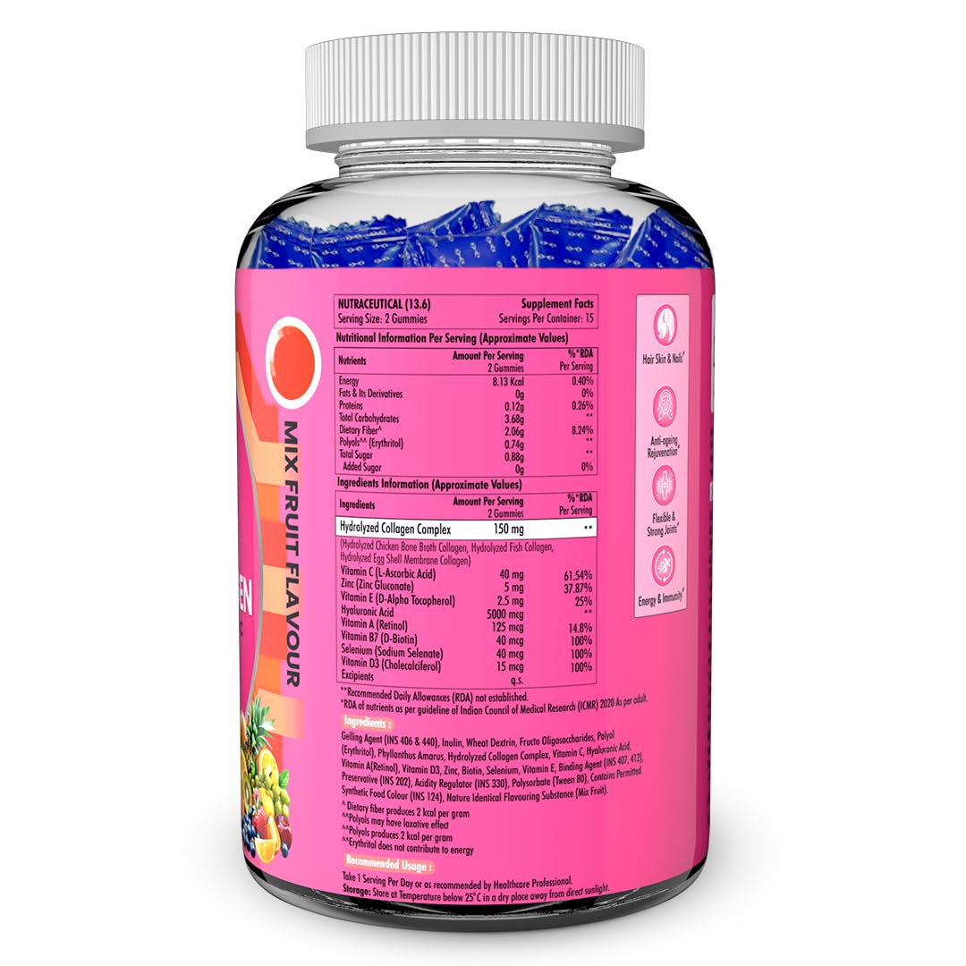 Naturyz Bovine Free Multi Collagen Gummies for Skin Health | Hyaluronic Acid, Vitamin C, Vitamin E & Biotin | Skin Elasticity, Hydration & Glow Supplement | Hydrolyzed Peptides with Type I, II, III, V & X | Easy-to-Absorb Gummy | No Added Sugar, Delicious
