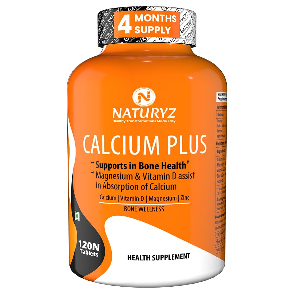 Naturyz Calcium Plus with Calcium Citrate, Vitamin D, Magnesium and Zinc Ideal Supplement for Bone Health & Joint Support of Men & Women - 120 Tablets
