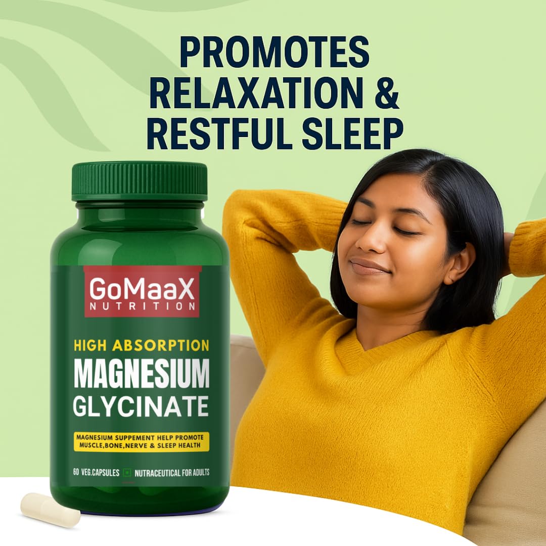 GOMAAX High Absorption magnesium glycinate 550mg, magnesium supplement | 60 Veg Capsules | Supports Nerve & Muscle Health | For Both Men & Women