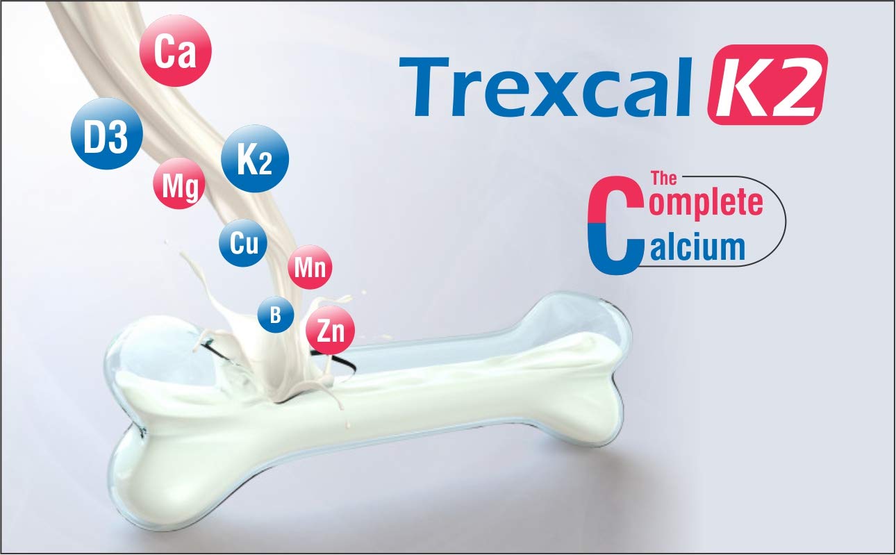 Trexgen TREXCAL-K2 The COMPLETE CALCIUM with Elemental Calcium 500 mg; Vitamin D3(Stabilized)400 IU; Vit. K2-7 55 mcg & BONE MATRIX Minerals Magnesium; Boron; Zinc; Manganese & Copper(5x10=50 Tablets)