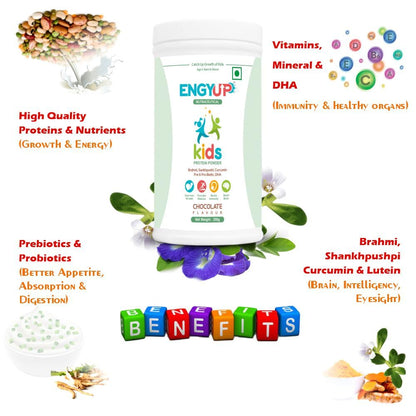 ENGYUP Kids Protein Powder | Nutritional & Health Supplement for growing Children | Quality Protein, DHA, Brahmi, Shankhpushpi, Curcumin, Pre & Pro-biotic | Chocolate Flavor | 200g