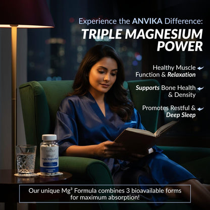 ANVIKA Triple Magnesium Complex 1000 mg Chelated Magnesium Glycinate, Citrate & Threonate | Mg³ Formula | 60 Capsules | Supports Bone Health, Muscle Relaxation & Restful Sleep | Nutraceutical Supplement for Men & Women (1)