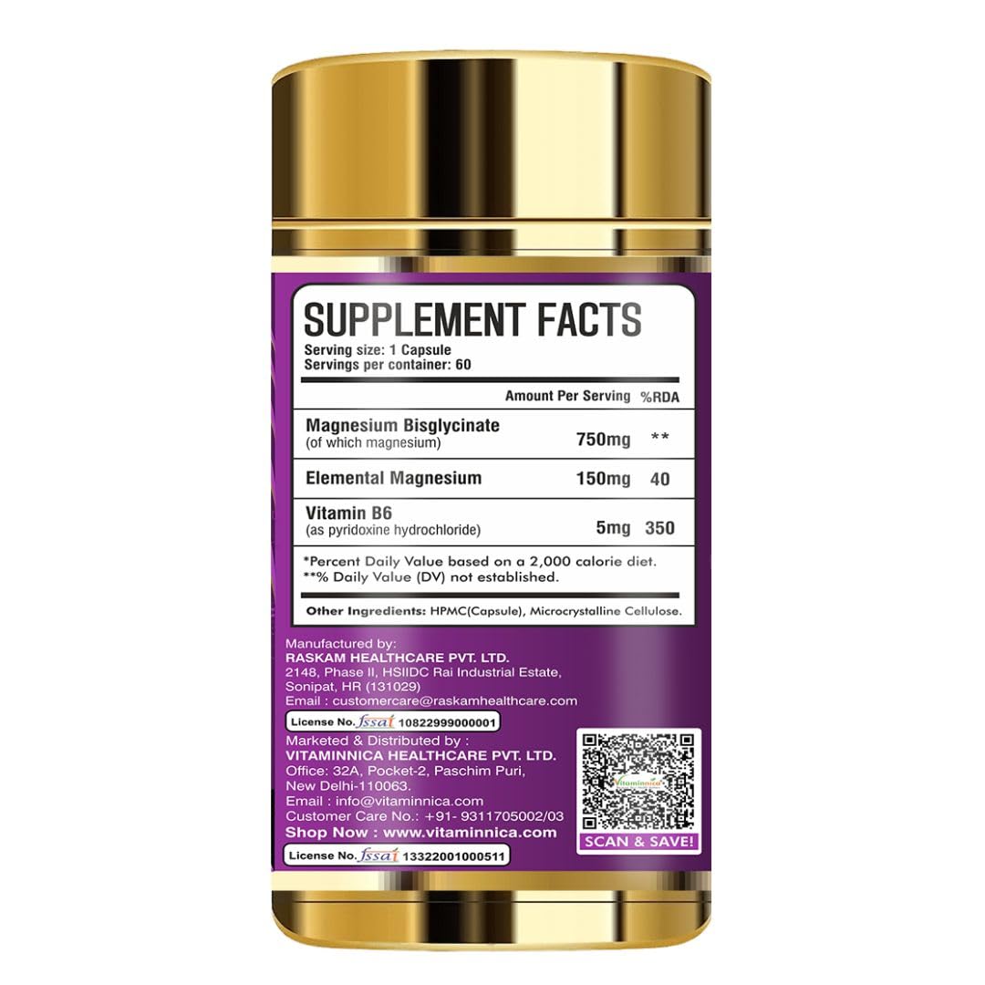 Vitaminnica Magnesium Bisglycinate For Men and Women- Magnesium Oxide Vitamin B6 B5 - Good Sleep - 60 Capsules