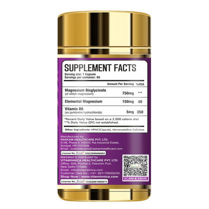 Vitaminnica Magnesium Bisglycinate For Men and Women- Magnesium Oxide Vitamin B6 B5 - Good Sleep - 60 Capsules