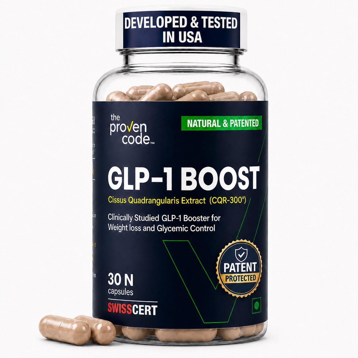 The Proven Code GLP-1 Boost | CQR-300® 300mg | Natural GLP-1 Support Supplement | Appetite Control, Craving Control | Cissus Quadrangularis Extract | 30 Veg Capsules