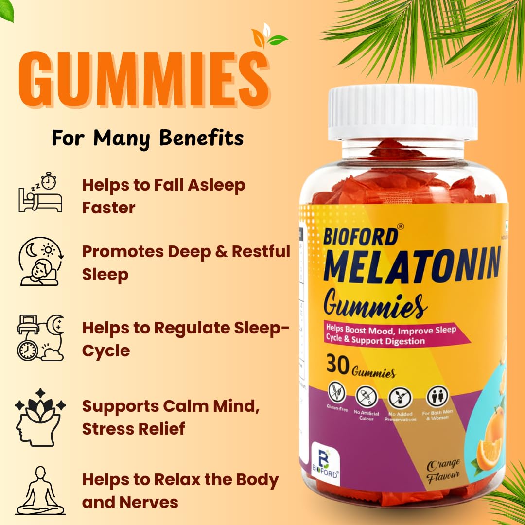 Bioford Melatonin Gummies | Non-Habit Forming | Improves Deep Sleep | Eases Jet Lag | Vegan, Gluten & Gelatin Free | Men & Women | Orange Flavour | 1 X 30 Pack