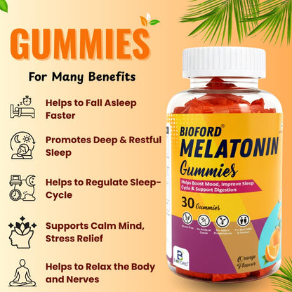Bioford Melatonin Gummies | Non-Habit Forming | Improves Deep Sleep | Eases Jet Lag | Vegan, Gluten & Gelatin Free | Men & Women | Orange Flavour | 1 X 30 Pack