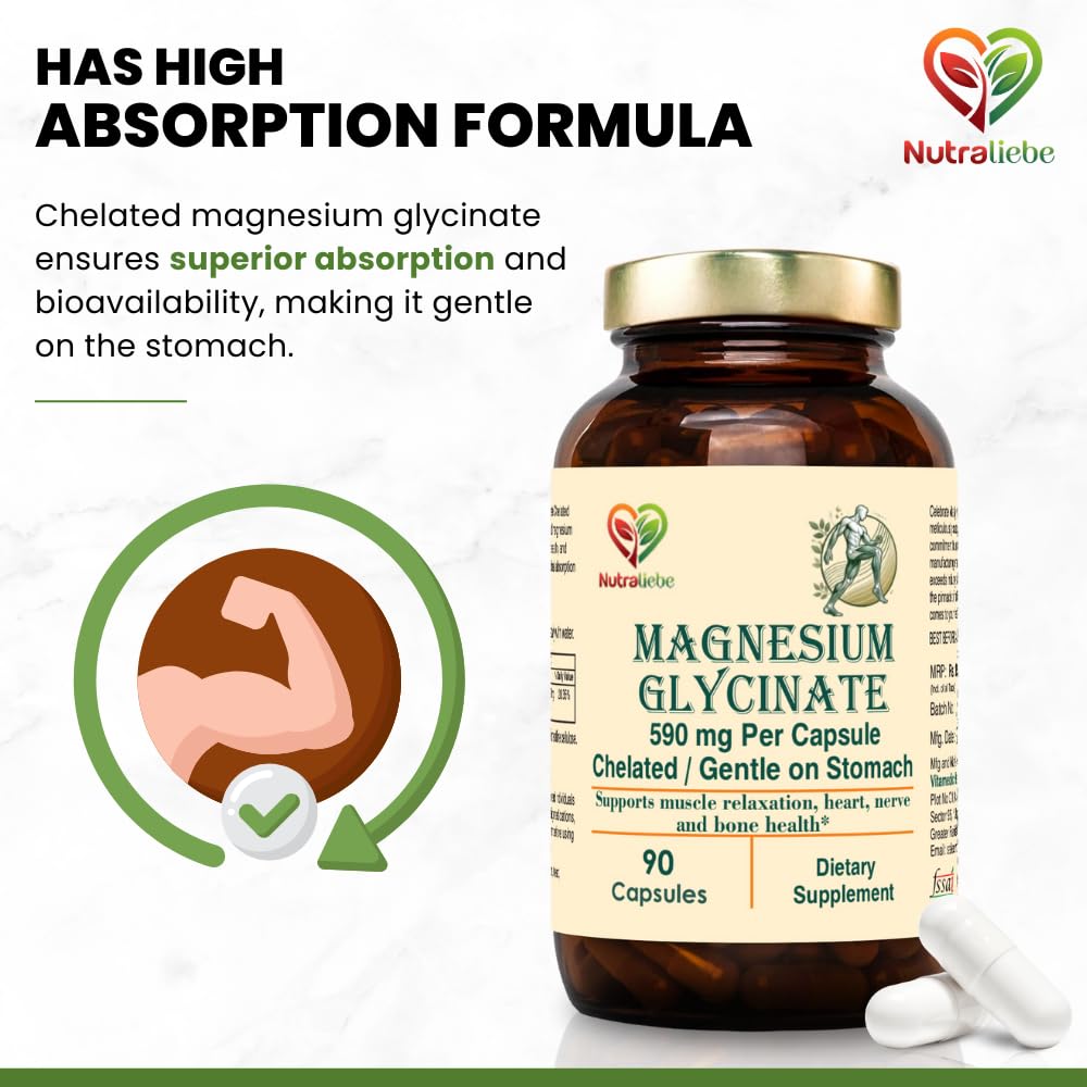 NutraLiebe Magnesium Glycinate Chelated - High Absorption - Supports Muscle Relaxation, Bone Health & Sleep - 90 Capsules (1)