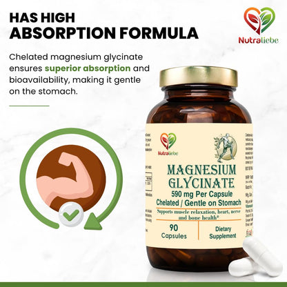 NutraLiebe Magnesium Glycinate Chelated - High Absorption - Supports Muscle Relaxation, Bone Health & Sleep - 90 Capsules (1)