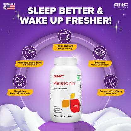 GNC Melatonin Tablets With Vitamin B6 | 120 Tablets | Promotes Deep Sleep | Enhances Sleep Quality | Improves Mood | Helps in Relaxation | Formulated in USA | 3mg Per Serving