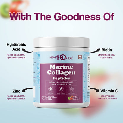 HEALTHOXIDE Marine Collagen powder | Marine Collagen Peptides | Marine Collagen for Skin, Hair, Nails | Contains Artificial Sweetener Stevia And For Calories Conscious (Kiwi & Strawberry)