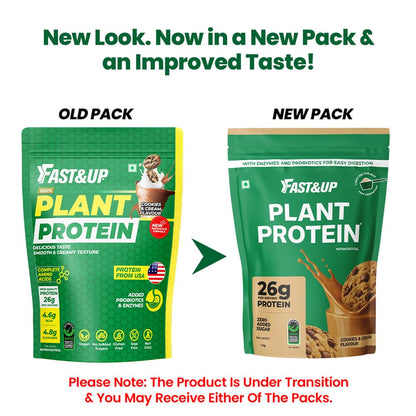 Fast&Up Plant Protein - 26g Certified Protein from USA with 4.6g BCAA, 4.8g Glutamine. Smooth & Creamy Protein to Support Muscle Health & Recovery -25 servings, Cookies and Cream flavour