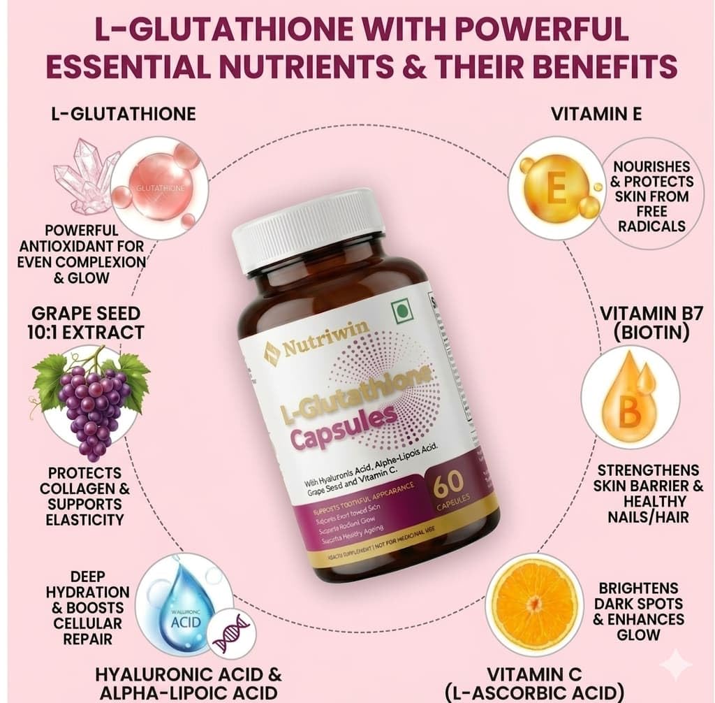 Nutriwin L-Glutathione Capsules with Hyaluronic Acid, Alpha-Lipoic Acid, Grape Seed Extract & Vitamin C | Skin Brightening & Antioxidant Support | 60 Veg Capsules