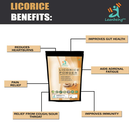 Leanbeing - Mulethi powder | Licorice Root Powder| Yashtimadhu 500gm - USDA Organic - Glycyrrhiza glabra - Ayurvedic Herb for Lungs, Skin, Stomach