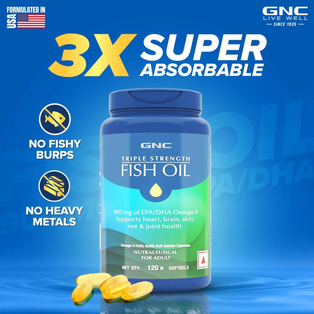 GNC 1500 Mg Triple Strength Fish Oil Omega 3 Capsules For Men & Women,120 Softgels,900Mg (540 Mg Epa & 360 Mg Dha),Improves Memory,Protects Vision,No Fishy Aftertaste,Supports Family Health