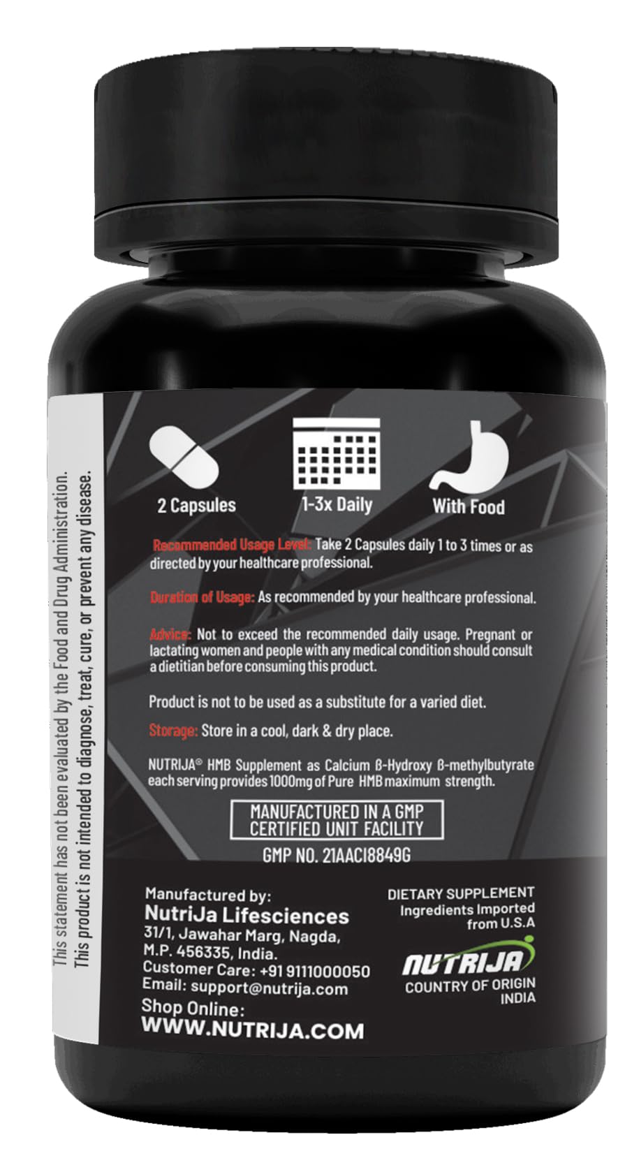 NutriJa HMB 1000MG Capsules (Beta-Hydroxy Beta-Methylbutyrate) - Pure HMB | Prevents Muscle Breakdown, Faster Recovery, Strength (60 Capsules)