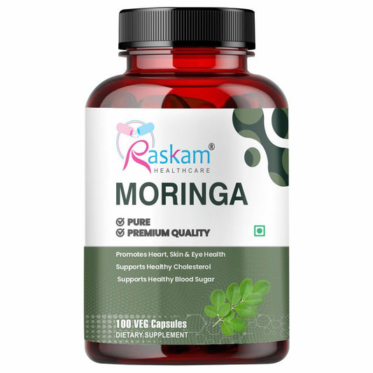 Raskam Moringa Capsules Organic (100 Capsules) 1000mg Green Superfood Moringa Oleifera Leaf Powder Capsules - Immunity & Metabolism Booster Nutritional Rich Supplement