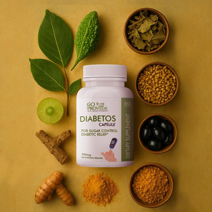 GoProVeda Diabetos Capsules | Ayurvedic Medicine for Blood Sugar & Diabetes Care | Karela, Jamun, Giloy & 9 More Herbs | 60 Capsules