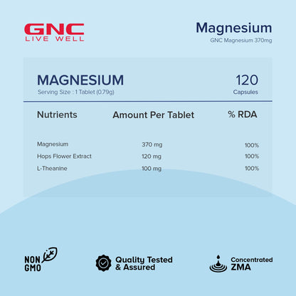 GNC Magnesium 370mg | 120 Veg Capsules | For Bone Strength, Muscle & Nerve Function, Stress Relief, Improved Sleep, Mood Elevation, Essential Mineral for Calcium Absorption & Cell Function