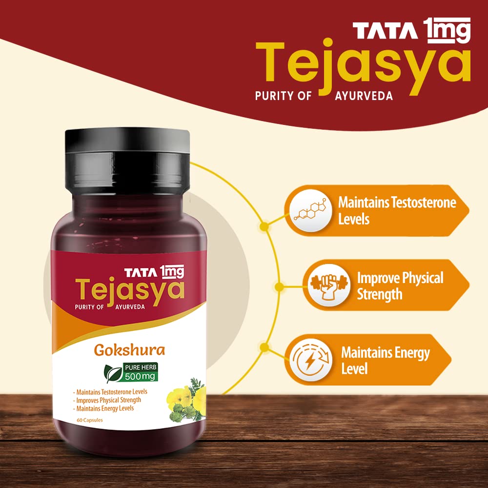 Tata 1mg Tejasya Gokshura Capsule Helps In Maintain Energy, Strength, Reduce fatigue (Pack of 1, 500mg)