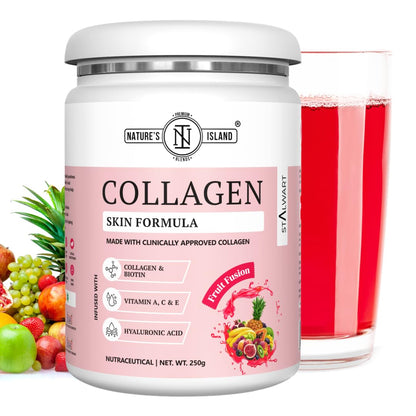 Nature's Island Skin Glow Collagen Powder (Fruit, 250g) , Marine Collagen Supplements for Women & Men With Biotin, Vitamin A,C,E, Hyaluronic Acid, for Glowing Skin, Anti Ageing, Firmness, Elasticity, Healthy Hair and Nails.