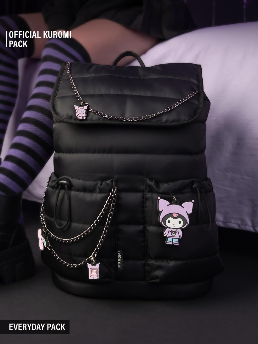 The Souled Store Hello Kitty: Kuromi Pack Backpack Officially Licensed Sanrio 18L Water Resistant Laptop Backpack Unisex Travel College Office Bag with Kuromi Charms