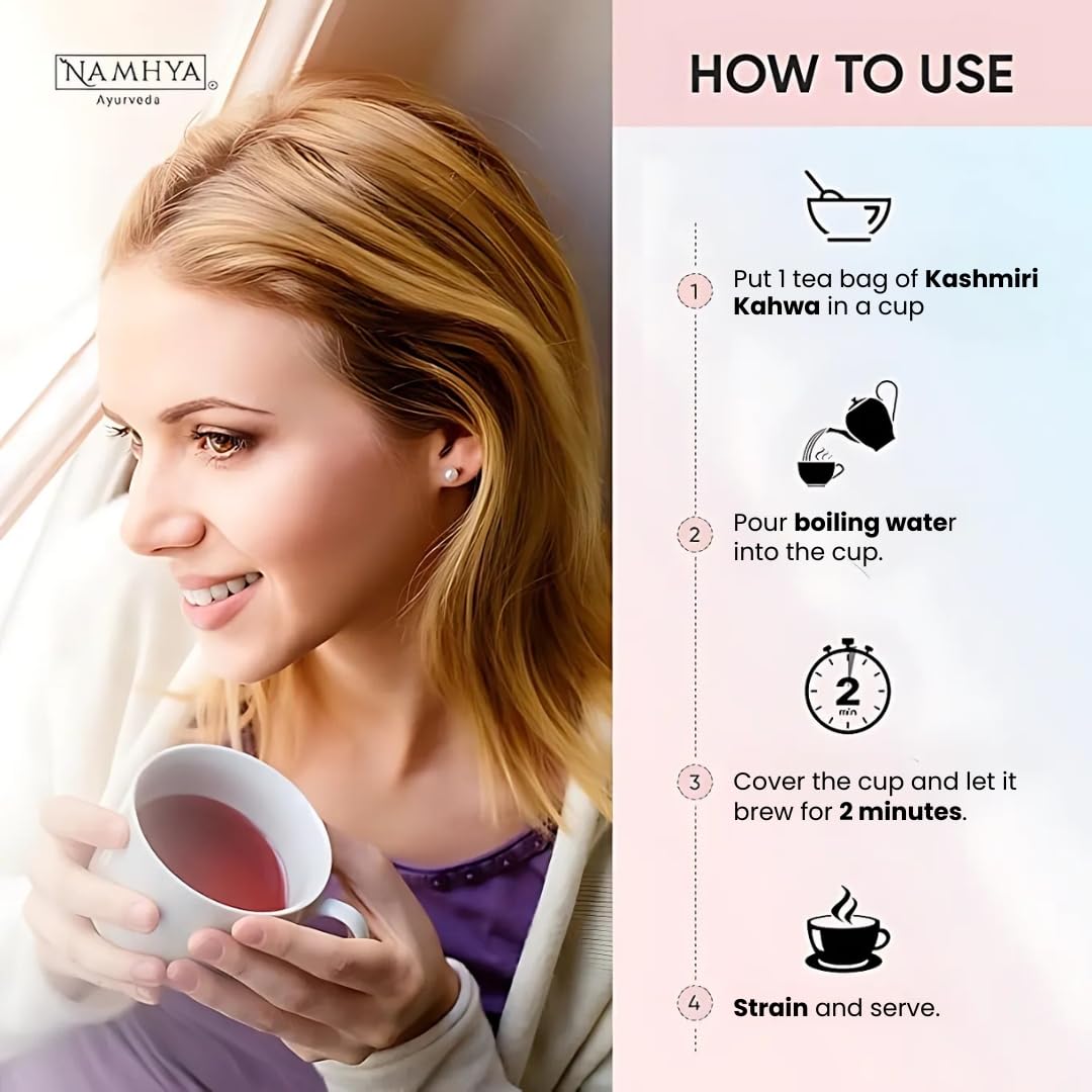 Namhya Kashmiri Kahwa Tea Bags | Boosts Mood & Energy | Aids Digestion | Rich in Antioxidants | Saffron, Cardamom, Cinnamon & Cloves | Balances Vata & Pitta | Natural & Preservative-Free | 25 Tea Bags (25 Cups)