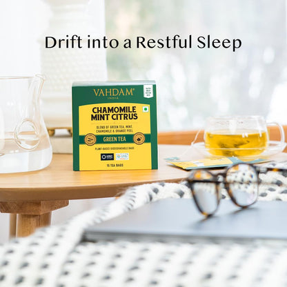 VAHDAM Chamomile Mint Citrus Green Tea | 15 Tea Bags | Refreshing Wellness Green Tea Blend with Real Chamomile, Spearmint & Lemongrass | Calming, Antioxidant Green Tea | Non-GMO, Gluten-Free
