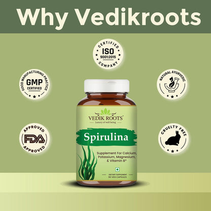 Vedikroots 100% Organic Spirulina Capsules For Weight Management & Immunity Booster | Helps In Healthy Heart | Support Digestion & Skin Health For Men And Women- 60 Capsules (Pack of 1)