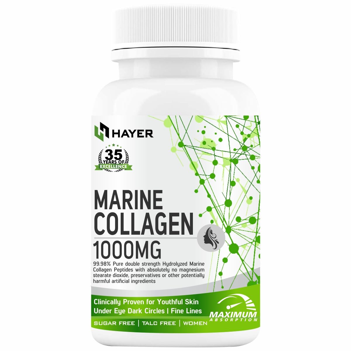 HAYER Marine Collagen Supplements For Women (Peptides) With Vitamin C, E, Glutathione Tablet, Cranberry, Plant-Based Powder Biotin Supplement For Skin Glow & Beauty Gluten & Sugar Free-60 Tablets