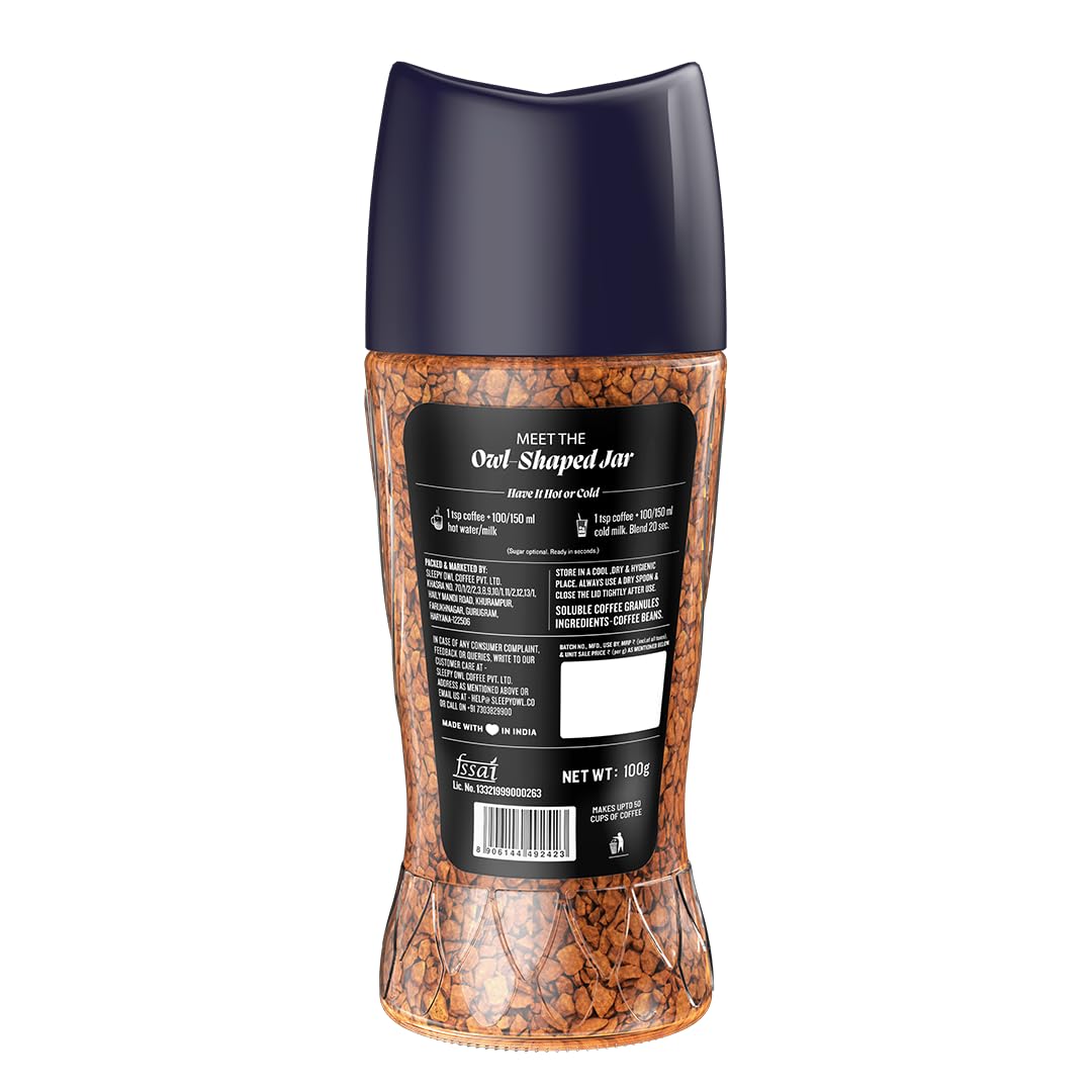 Sleepy Owl Dark Roast Coffee, 100% Pure Instant Coffee Powder 100g, Makes 50 Cups, Freeze-Dried for Freshness, Strong & Intense Coffee, Rich Café Taste, Have It Hot or Cold, Ready in Seconds