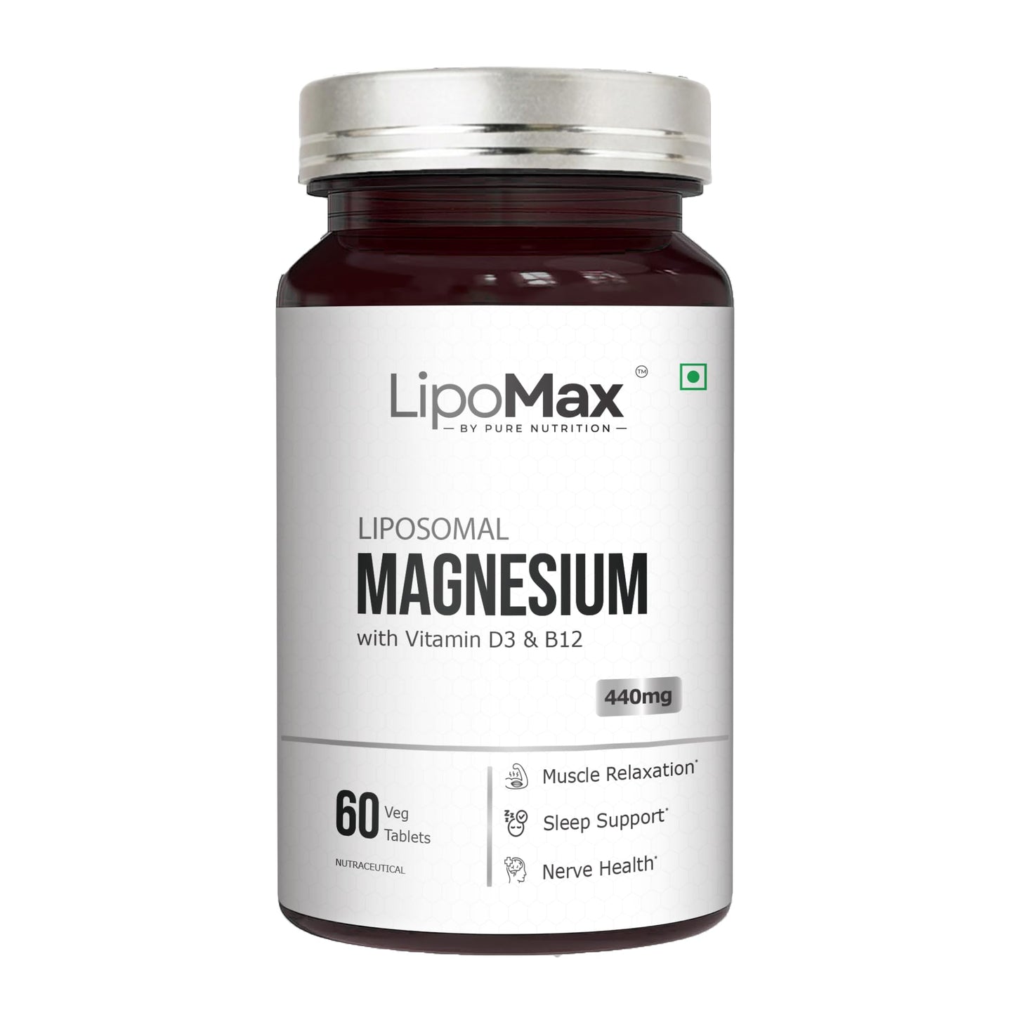 LipoMax Liposomal Magnesium Glycinate Supplement 440mg With Vitamin D3 & B12 | Magnesium Tablets For Muscle Relaxation, Sleep Support & Nerve Health - 60 Veg Tablets
