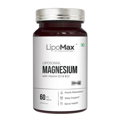 LipoMax Liposomal Magnesium Glycinate Supplement 440mg With Vitamin D3 & B12 | Magnesium Tablets For Muscle Relaxation, Sleep Support & Nerve Health - 60 Veg Tablets