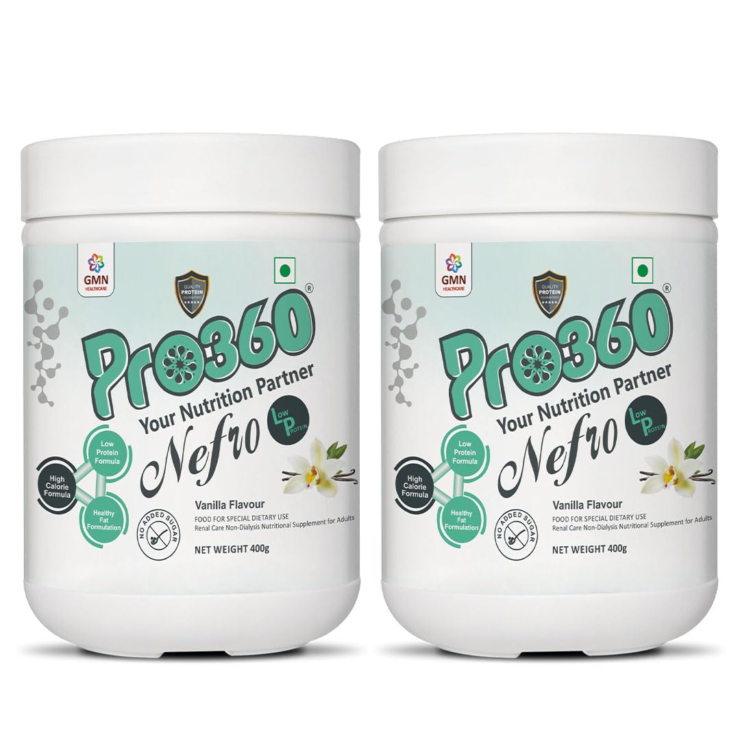 Pro360 Nefro LP Powder Vanilla Flavour – 400g Low Protein Nutrition Supplement for Kidney Health (Non-Dialysis) – Vanilla Protein Powder Enriched with L-Taurine, L-Carnitine (Pack of 2)