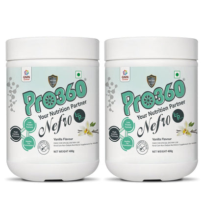 Pro360 Nefro LP Powder Vanilla Flavour – 400g Low Protein Nutrition Supplement for Kidney Health (Non-Dialysis) – Vanilla Protein Powder Enriched with L-Taurine, L-Carnitine (Pack of 2)