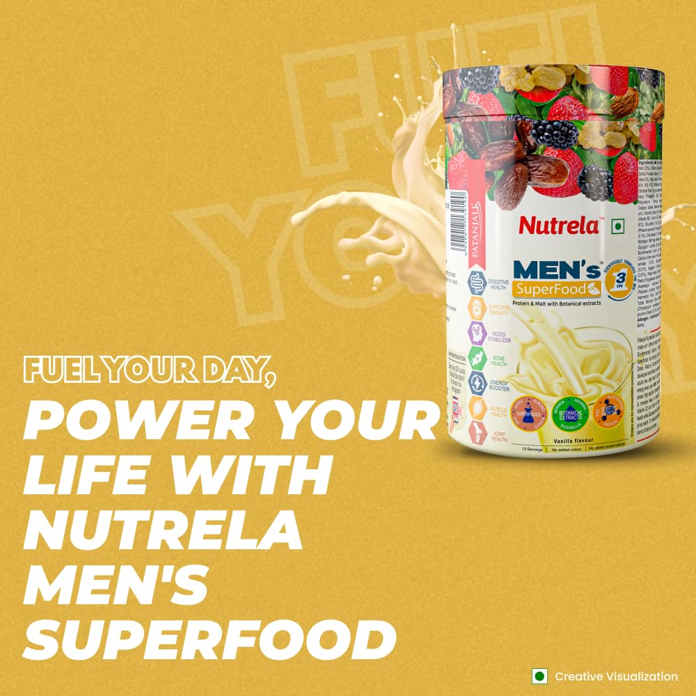 Nutrela Men Superfoods With Whey Protein Powder - 400g, Vanilla Flavor | Everyday Fitness with Biofermented Multivitamins & Whey Protein to support in Bone & Joints Health , Muscle , Heart , Hair & Nails , Ednergy Booster and Mood Stabilizer