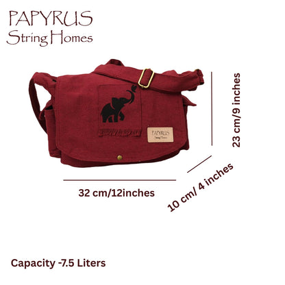 Papyrus Canvas Messenger Sling Bag,(32X23X10cm, 7.5L) Medium Size. Patching with Elephant Design (RED MAROON)