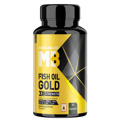 MuscleBlaze Omega 3 Fish Oil Gold (60 Capsules) | 1300mg Omega 3 with 500mg EPA & 400mg DHA | 3x Triple Strength Formula | No Fishy Aftertaste