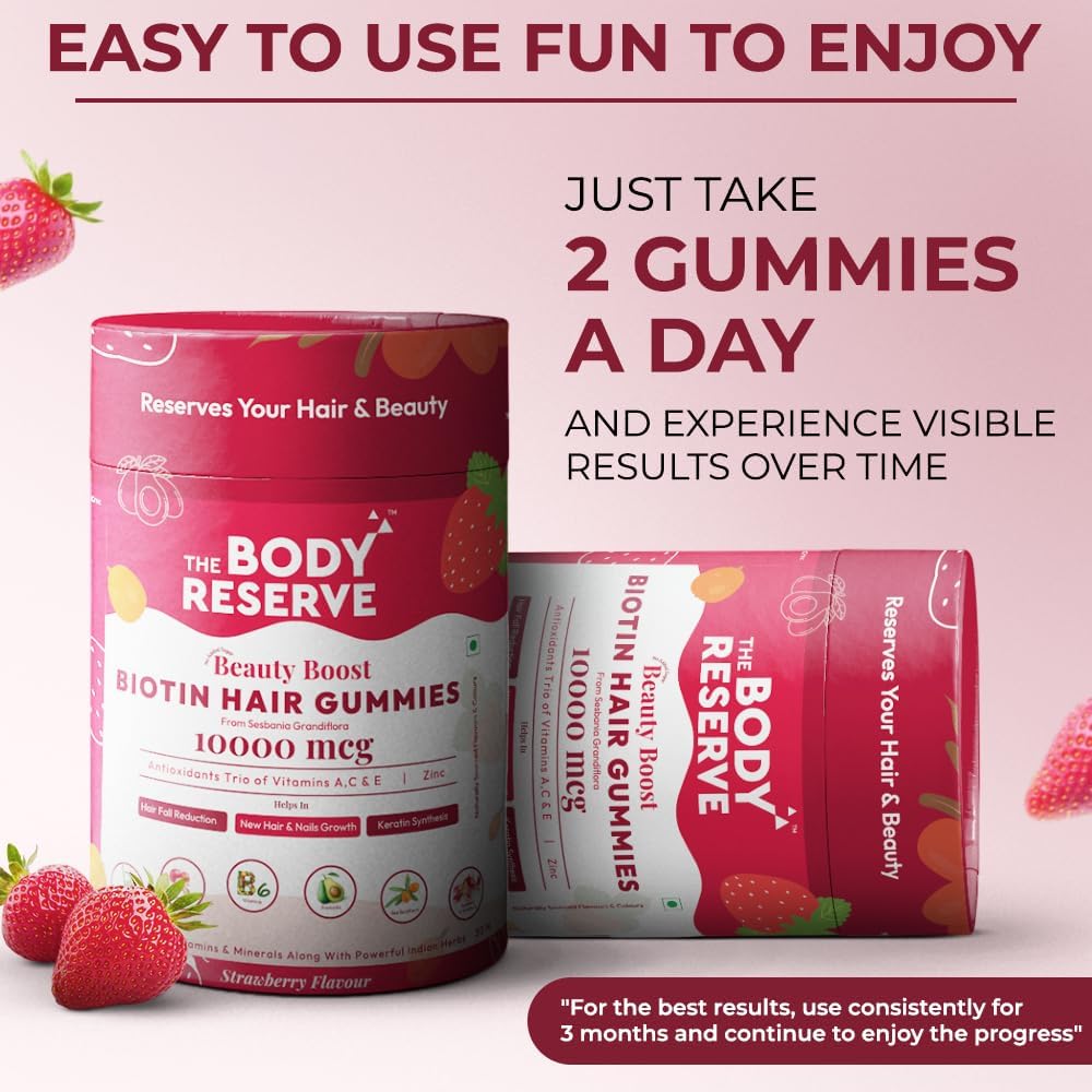 The Body Reserve Biotin Hair Gummies | No Added Sugar| 60 Gummies| Builds Keratin for Stronger Hair,Nails & Healthier Skin| Reduces Hair Fall For Men Women| Strawberry Flavour (Pack of 1)