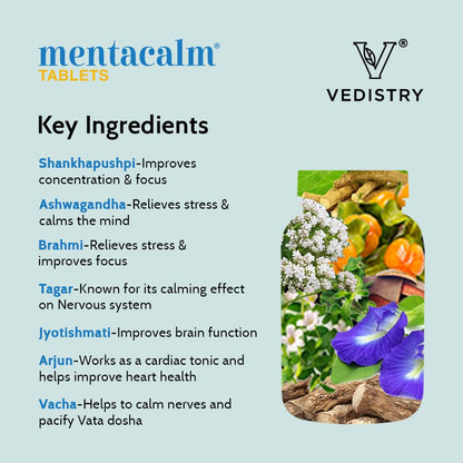 Vedistry Mentacalm tablets Ayurvedic Support for stress, anxiety & mental calmness| Brahmi, Ashwagandha for men & women (Pack of 1)