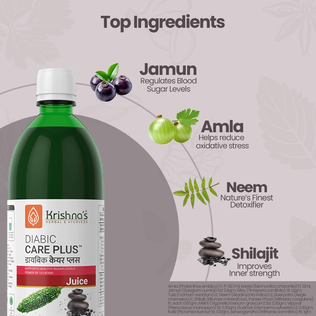 Krishna's Diabic Care Plus Juice with 14 Herbs – Natural Support for Blood Sugar Levels | Herbal Formula for Energy & Wellness - 1000 ml