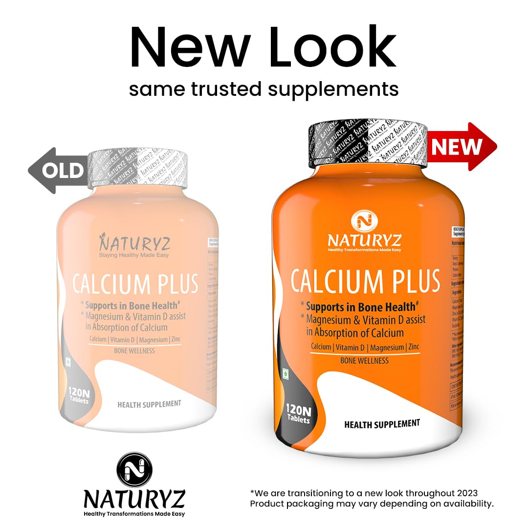 Naturyz Calcium Plus with Calcium Citrate, Vitamin D, Magnesium and Zinc Ideal Supplement for Bone Health & Joint Support of Men & Women - 120 Tablets