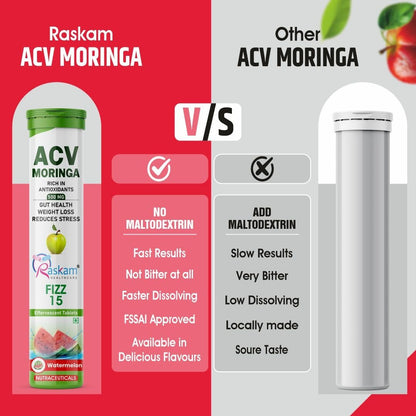 ACV + Moringa 500mg Effervescent Tablets – Watermelon, 15 Tablets, No Added Sugar