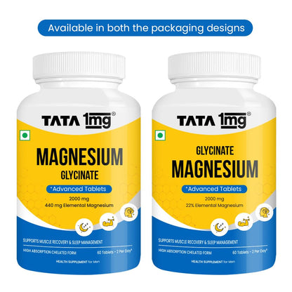 Tata 1mg Magnesium Glycinate Tablets |2000mg | High Absorption Chelated form for Muscle Recovery, Sleep & Nerve Health | 2000mg Per Serving – 60 Veg Tablets