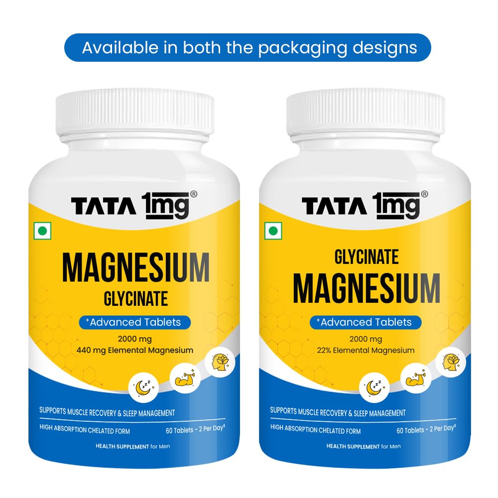 TATA 1mg Magnesium Glycinate Tablets | 2000mg | High Absorption Chelated form for Muscle Recovery, Sleep & Nerve Health | 2000mg Per Serving – 60 Veg Tablets