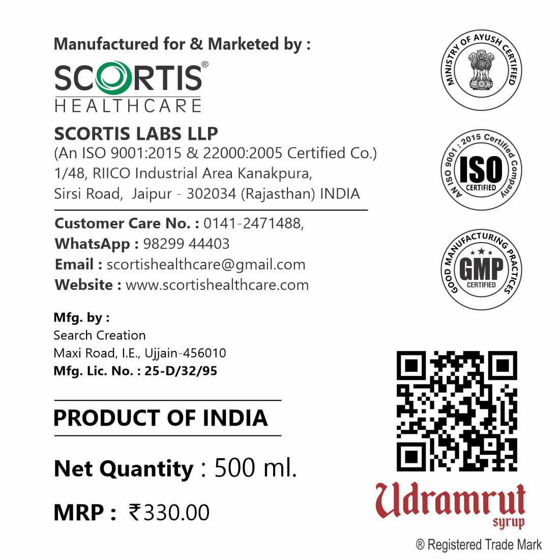 SCORTIS HEALTH CARE Udramrut Syrup - 500 ml, For Constipation Relief, Indigestion & Gas, Ayurvedic Medicine