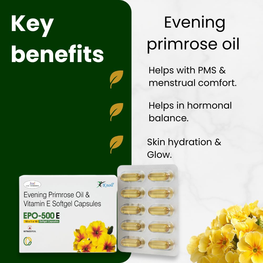 Knoll Healthcare EPO-500E Evening Primrose Oil 500 mg with Vitamin E Softgel Capsules | Supports Women’s Wellness, Skin Health & Antioxidant Support | Dietary Supplement (1x10 Capsules)