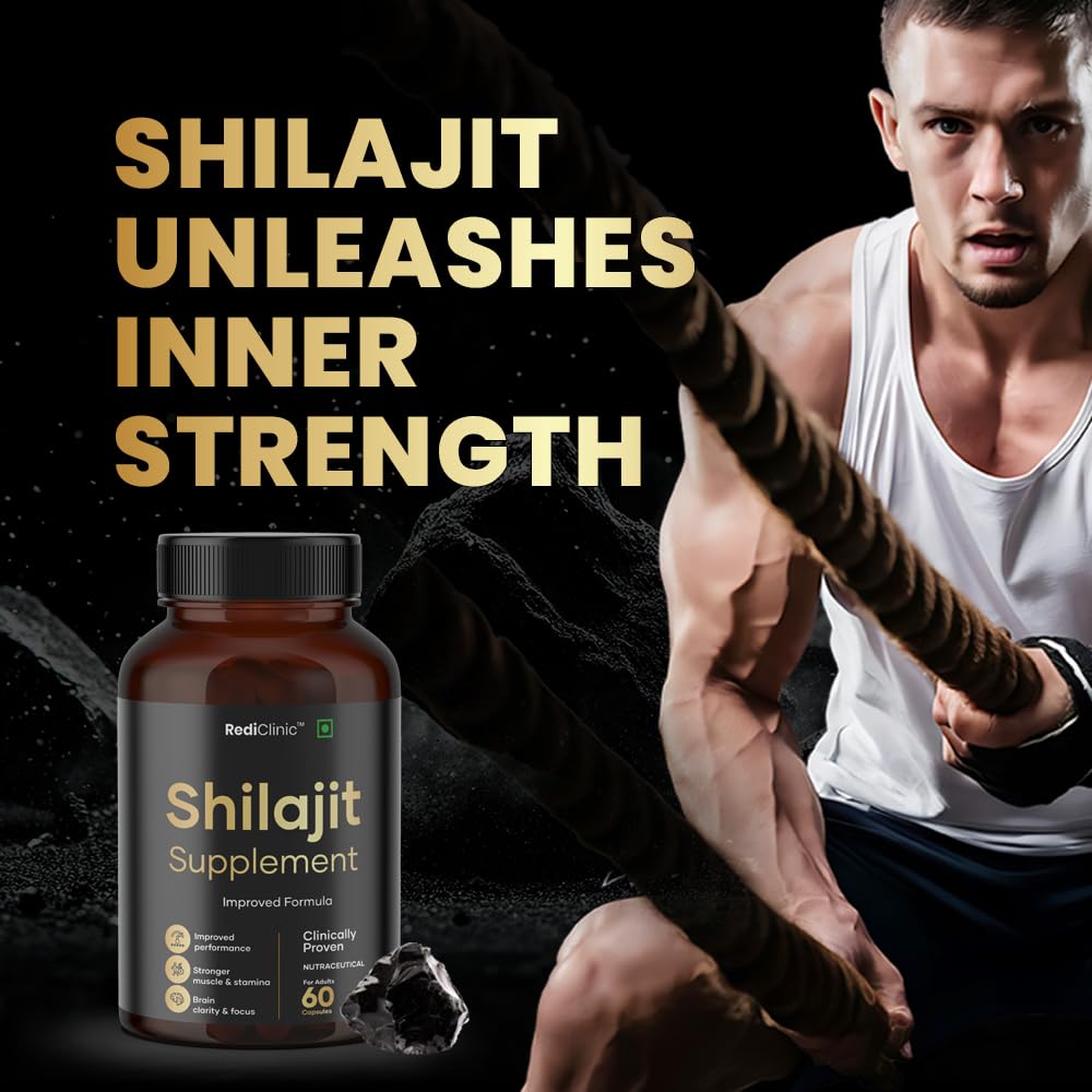 RediClinic Shilajit/Shilajeet Capsules for Stamina, Muscle Growth & Energy | Swarna Bhasma, Gokshura, Ashwagandha |Shilajit for Men | 100% Ayurvedic | Pack of 1-60 Capsules